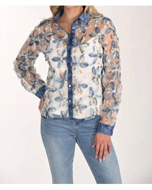FRANK LYMAN Eden Embellished Raised Floral Lace Blouse - Blue