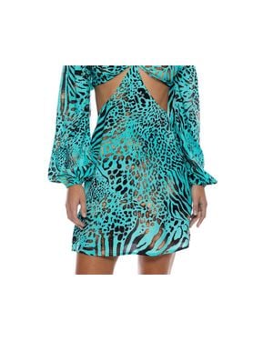 Luli Fama Animale Long Sleeve Cut Out Short Dress - Blue