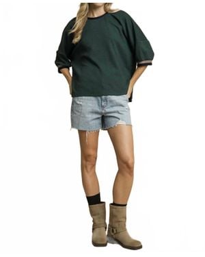 Umgee Textured Waffle Knit Contrast Sleeve Top - Green