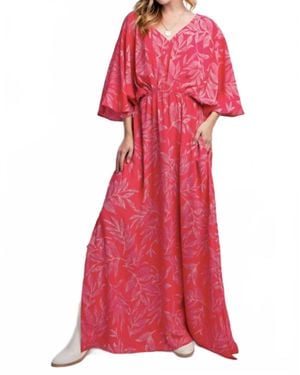 Easel Leaf Printed Laura Maxi Dress - Red