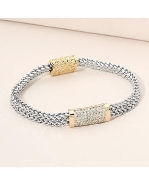Fashnzfab Cz Pave Bar Accent Textured Mesh Chain Magnetic Bracelet - Metallic
