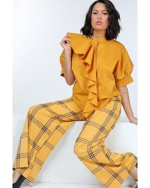 TRUEDAMES High Waist Plaid Print Wide Leg Pants - Yellow