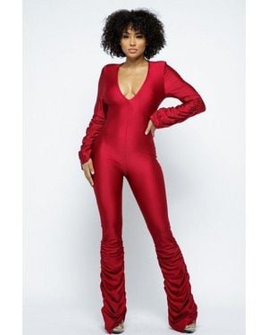 TRUEDAMES Yoga Shoulder Padded Ruched Stacked Jumpsuit - Red