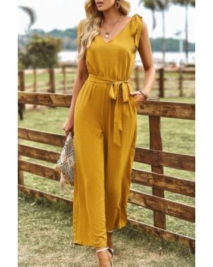 TRUEDAMES Solid Belt V Neck Wide Leg Fit Jumpsuit - Yellow