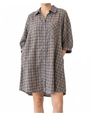 Umgee Checkered Button Down Puff Sleeve Tiered Dress - Gray