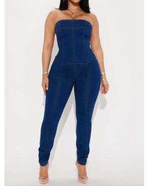 TRUEDAMES Strapless Denim Jumpsuit With Lace Up Back - Blue