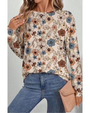 TRUEDAMES Floral Print Loose Crew Neck Long Sleeve T Shirt - Natural