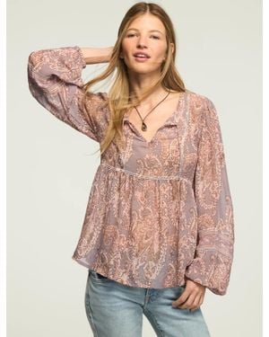 Lucky Brand Long Sleeve Paisley Print Mix Peasant Top - Natural
