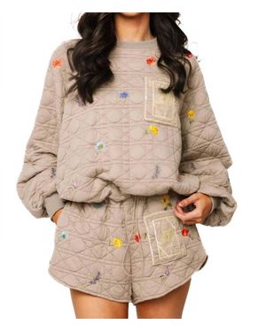 Queen Of Sparkles Quilted Floral Card Logo Sweatshirt - Natural
