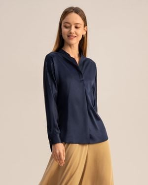 LILYSILK Loungeful Split Neck Silk Shirt For - Blue