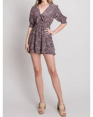 Allie Rose Smocked Sleeve Tie Waist Flowy Romper - Purple