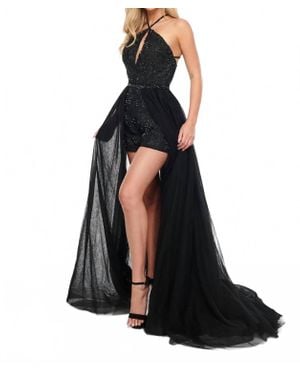 Rachel Allan Embroidered Applique Romper With Tulle Overskirt - Black