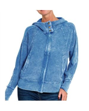 Zenana Waffle Hooded Zip-Up Jacket - Blue