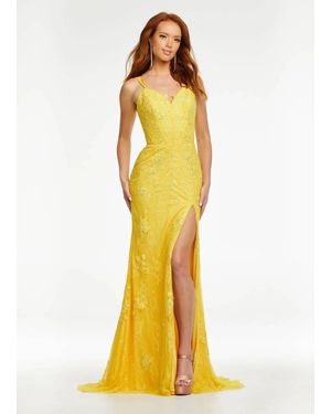 Ashley Lauren Luscious Lace Gown With Slit - Yellow