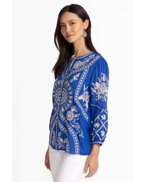 Johnny Was Scallop Sleeve Embroidered Blouse - Blue
