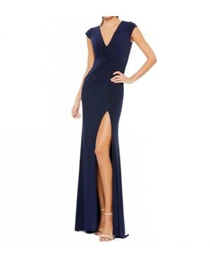 Ieena for Mac Duggal Elegant Evening Jersey V Neck Gown - Blue