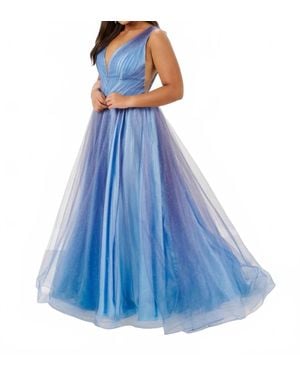 House of Wu Sparkle Ombre Tulle V-Neck Gown - Blue