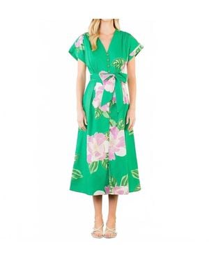 Thml Floral V-Neck Belt Midi Dress - Green