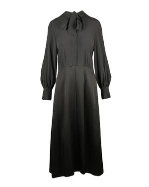 Beatrice B. Puffed Sleeve Long Satin Dress With Bow Detail - Black