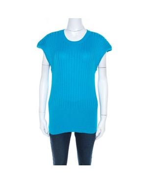 ESCADA Cotton Ribbed Knit Crew Neck Top - Blue