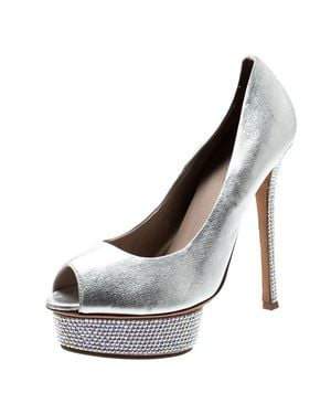 Le Silla Metallic Leather Crystal Embellished Platform Peep Toe Pumps