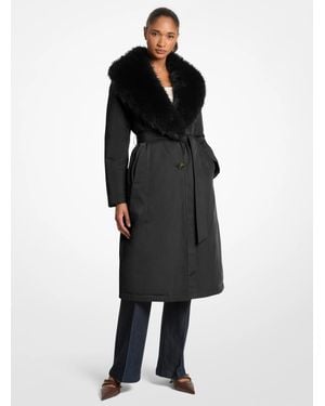 Michael Kors Outlet Faux Fur Collar Woven Belted Coat - Black