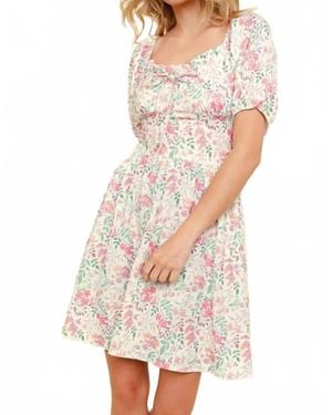 Kori Ribbon Sweatheart Neck Smocked Floral Dress - White