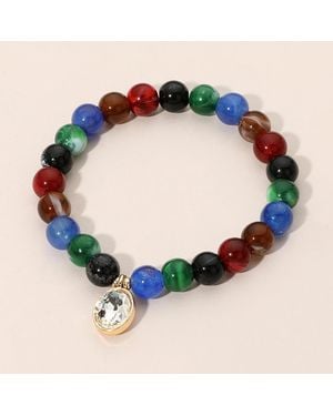 Fashnzfab Round Stone Bezel Charm Beaded Stretch Bracelet - Blue