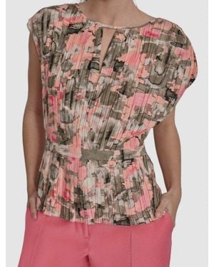 DKNY Top Pleated Cinched Waist Keyhole Neck Sleeveless Fts19 - Pink