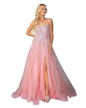 DQ Sequined Tulle A-Line Gown With Front Slit And Spaghetti Straps Prom Dress - Pink
