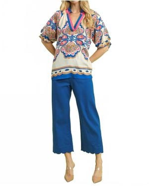 Umgee Boho Print V-Neck Top - Blue