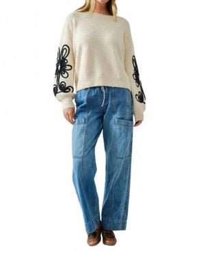 Aaron & Amber Embroidered Detail Pullover Sweater Top - Blue