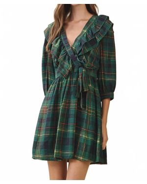 TCEC Plaid Deep V Neck Wrap Dress - Green