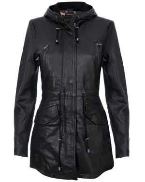 Infinity Leather Mid Length Hooded Parka Jacket-Oakengates - Black