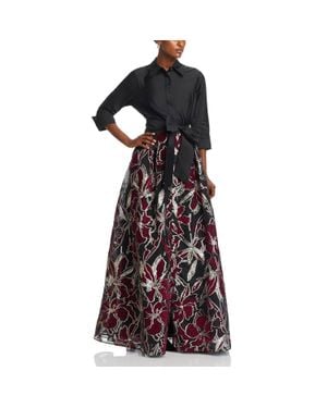 Teri Jon Metallic Taffeta Floral Dress Gown - Black