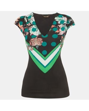 Roberto Cavalli Floral Print Jersey Cap Sleeve Top - Green