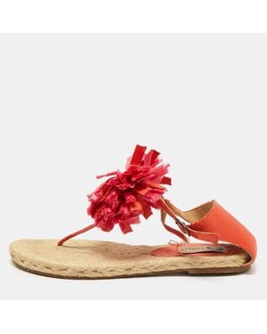 Lanvin Satin Flower Bow Thong Espadrille Flat Sandals - Red