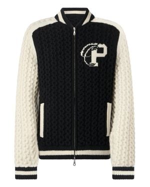 Philipp Plein Wool Blend Knitted Bomber Plein Star - Black