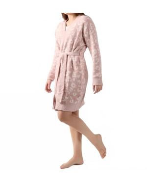 Memoi Leopard Print Cozy Knit Short Long-Sleeve Robe - Pink
