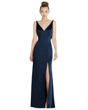 After Six Draped Cowl-Back Princess Line Dress With Front Slit - Blue