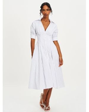 Miss Circle Palina Pinstripes Cotton Poplin Pleated Midi Preppy Shirt Dress - White