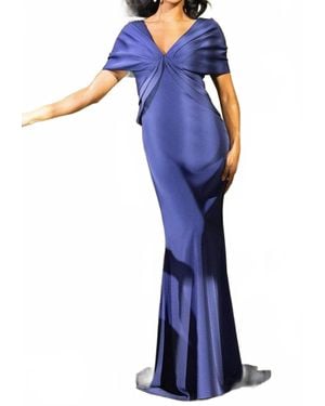 Terani Short Sleeves V-Neck Evening Gown - Blue