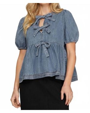 She + Sky Short Puff Sleeve Denim Blouse With Front Bow Tie - Blue
