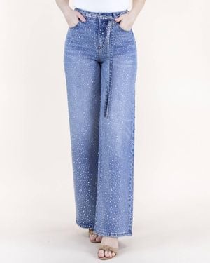 Original USA Droplet Rhinestone Embellished Belted High Rise Wide Leg Jeans - Blue