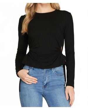 She + Sky Long Sleeve Side Drawstring Ruched Cutout Knit Top - Black