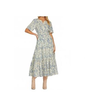 Style USA Woven Floral Print V Neck Tiered Midi Dress - Green