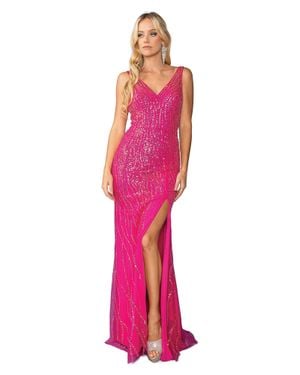 DQ Sequin-Embellished Gown With V-Neckline And High Slit Detail Prom Dress - Pink