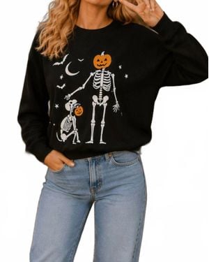Main Strip Halloween Pumpkin Skeleton Printed Graphic Crewneck Top - Black