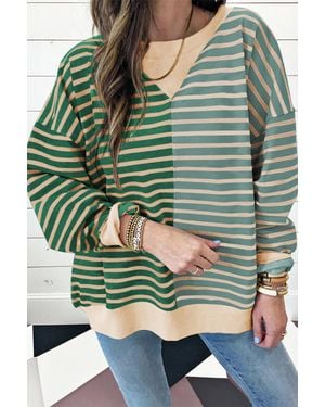 TRUEDAMES Casual Stripe Colorblock Drop Shoulder Oversize Sweatshirt - Green
