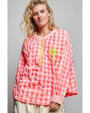 Pol Graphic Palm Tree Embroidery Paid Blouse Top - Red